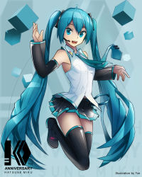 Rule 34 | 1girl, absurdres, aqua eyes, aqua hair, artist name, character name, cube, detached sleeves, full body, hatsune miku, headset, highres, long hair, looking at viewer, necktie, open mouth, see-through, skirt, solo, thighhighs, twintails, very long hair, vladislav ton, vocaloid, waving