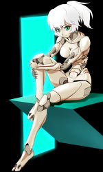 Rule 34 | 1girl, android, green eyes, harisenbon (power-slide), holding legs, humanoid robot, joints, looking at viewer, original, ponytail, robot, robot joints, sitting, solo, white hair