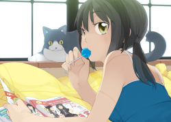Rule 34 | bad id, bad pixiv id, bed, black hair, candy, cat, eating, food, kusano houki, lollipop, looking back, lying, on stomach, original, pillow, reading, shade, shadow, short hair, solo, tank top, twintails, yellow eyes