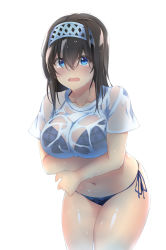 Rule 34 | 10s, bikini, bikini under clothes, black hair, blue eyes, blush, breast hold, breasts, checkered bikini, checkered clothes, commentary request, cowboy shot, hair between eyes, hairband, highres, idolmaster, idolmaster cinderella girls, large breasts, leaning forward, long hair, looking at viewer, navel, open mouth, plaid, plaid bikini, sagisawa fumika, see-through, shiny skin, shirt, short sleeves, side-tie bikini bottom, simple background, solo, spicy moo, standing, swimsuit, tears, thighs, wet, wet clothes, wet shirt, white background, white shirt