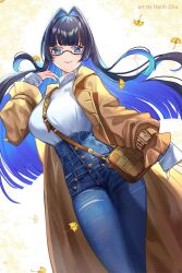 Rule 34 | 1girl, bag, between breasts, black hair, blue eyes, blue hair, blue nails, blunt bangs, breasts, closed mouth, coat, colored inner hair, cowboy shot, denim, from below, ginkgo leaf, glasses, hair intakes, handbag, hanh chu, high-waist pants, highres, hololive, hololive english, jeans, large breasts, leaf, long sleeves, looking at viewer, multicolored hair, official alternate costume, ouro kronii, ouro kronii (casual), pants, shirt tucked in, smile, solo, strap between breasts, tented shirt, torn clothes, torn pants, trench coat, turtleneck, two-tone hair, virtual youtuber