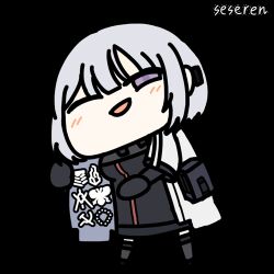 Rule 34 | 1girl, animated, animated gif, artist name, black bodysuit, black shorts, blush, bodysuit, chibi, full body, girls&#039; frontline, grey hair, long sleeves, looking at viewer, lowres, one eye closed, open mouth, purple eyes, rpk-16 (girls&#039; frontline), seseren, short hair, shorts, smile, standing, tactical clothes, transparent background