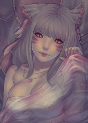 Rule 34 | 10s, 1girl, animal ears, warrior of light (ff14), breasts, cat ears, cleavage, facial mark, final fantasy, final fantasy xiv, fingernails, jewelry, large breasts, long fingernails, long hair, medium breasts, miqo&#039;te, nail polish, necklace, pink eyes, see-through, silver hair, slit pupils, solo, soranamae