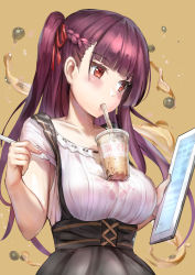 Rule 34 | 1girl, black background, black skirt, blouse, blunt bangs, blush, breasts, bubble tea, bubble tea challenge, cup, disposable cup, drink, drinking, drinking straw, drinking straw in mouth, girls&#039; frontline, hair ribbon, himonoata, holding, holding pen, holding tablet pc, large breasts, long hair, object on breast, one side up, pen, purple hair, red eyes, red ribbon, ribbon, shirt, short sleeves, side ponytail, sidelocks, simple background, skirt, solo, stylus, suspender skirt, suspenders, tablet pc, very long hair, wa2000 (girls&#039; frontline), wet, wet clothes, white shirt, yellow background