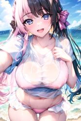 Rule 34 | 1girl, absurdres, ai-assisted, beach, bikini, bikini under clothes, black hair, blue eyes, bow, breasts, cleavage, collarbone, covered erect nipples, cowboy shot, day, frilled bikini, frills, hair bow, hand up, highres, large breasts, long hair, looking at viewer, multicolored hair, navel, open mouth, outdoors, outstretched arm, pink bikini, pink hair, see-through, see-through cleavage, shirt, short sleeves, smile, solo, split-color hair, standing, stomach, sugiki, sunlight, swimsuit, tachibana hinano (vtuber), thighs, two-tone hair, very long hair, virtual youtuber, vspo!, water, wet, wet clothes, wet shirt, white shirt