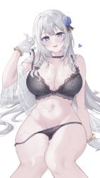 Rule 34 | 1girl, black bow, black bra, black choker, blue eyes, blue flower, blue rose, blush, bow, bow bra, bow panties, bra, braid, breasts, choker, cleavage, commentary, dot nose, double-parted bangs, flower, fuchi (0616tk), gloves, grey hair, groin, hair flower, hair intakes, hair ornament, hair ribbon, heart, heart-shaped pupils, highres, lace, lace bra, large breasts, long hair, looking at viewer, magia record: mahou shoujo madoka magica gaiden, mahou shoujo madoka magica, navel, open mouth, panties, panty pull, ribbon, rose, side braid, simple background, single braid, sitting, solo, strap pull, sweat, symbol-only commentary, symbol-shaped pupils, underwear, underwear only, very long hair, white background, white gloves, yakumo mitama