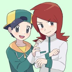 Rule 34 | 2boys, :d, alternate color, backwards hat, baseball cap, black hair, blush, closed mouth, commentary request, creatures (company), ethan (pokemon), game freak, green background, green jacket, grey eyes, hat, highres, jacket, long hair, long sleeves, male focus, multiple boys, nintendo, open mouth, pokemon, pokemon masters ex, red hair, sana (37pisana), shirt, short hair, silver (pokemon), simple background, smile, sweat, teeth, tongue, upper body, upper teeth only, white jacket, yellow shirt, zipper pull tab