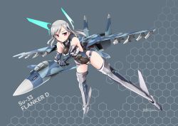 Rule 34 | 1girl, highres, holding, holding weapon, looking at viewer, mecha musume, original, red eyes, smile, solo, su-33, tokihama jirou, weapon, white hair