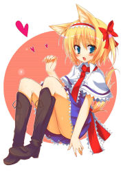 Rule 34 | 1girl, alice margatroid, animal ears, blonde hair, blue eyes, blush, boots, bow, capelet, dog ears, dog tail, female focus, full body, hair bow, hairband, heart, huei nazuki, kemonomimi mode, knee boots, necktie, paw pose, short hair, side ponytail, simple background, sitting, solo, tail, touhou
