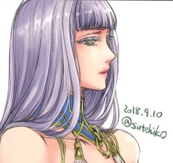 Rule 34 | 1girl, blue hair, dated, eyelashes, green eyes, lenneth valkyrie, lips, long hair, simple background, solo, sutehiko, valkyrie profile (series), white background