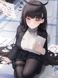 Rule 34 | 1girl, black footwear, black hair, black jacket, black skirt, blazer, blue archive, blush, breasts, bright pupils, closed mouth, doodle sensei (blue archive), from above, hair behind ear, halo, jacket, large breasts, long hair, looking at viewer, mookyuu9, notice lines, office lady, pantyhose, pouch, red eyes, revision, rio (blue archive), sensei (blue archive), skirt, solo, sweater, thigh pouch, turtleneck, turtleneck sweater, very long hair, white sweater