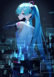 Rule 34 | 1girl, absurdres, black skirt, black sleeves, blue eyes, blue hair, blue nails, breasts, collared shirt, commentary request, detached sleeves, fingernails, hand on headset, hatsune miku, hatsune miku (vocaloid4), headset, highres, long hair, looking at viewer, looking back, miniskirt, nail polish, niwa (niwaniwa 1227), pleated skirt, shirt, skirt, sleeveless, sleeveless shirt, small breasts, thighs, twintails, v4x, very long hair, vocaloid, white shirt