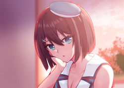 Rule 34 | 1girl, absurdres, beret, blue eyes, breasts, brown hair, cleavage, commentary request, green headwear, hair ornament, hand on own cheek, hand on own face, hat, highres, indoors, kantai collection, manjukannon, maya (kancolle), mini hat, open mouth, portrait, school uniform, short hair, sleeveless, sunlight, sunset, tree, window, x hair ornament