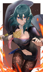Rule 34 | 1girl, armor, black armor, black coat, black shorts, blue eyes, blue hair, border, breasts, brown pantyhose, bustier, byleth (female) (fire emblem), byleth (fire emblem), cleavage cutout, clothing cutout, coat, fire, fire emblem, fire emblem: three houses, hair between eyes, haru (nakajou-28), highres, holding, holding sword, holding weapon, lace, lace-trimmed legwear, lace trim, large breasts, long hair, looking at viewer, navel, navel cutout, nintendo, outside border, pantyhose, pantyhose under shorts, print pantyhose, short shorts, shorts, shoulder armor, sleeveless, smile, solo, sword, sword of the creator, weapon, white border