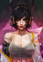 Rule 34 | 1girl, abs, absurdres, animal ears, black hair, borrowed character, breasts, cleavage, crop top, cyborg, damaged, exposed muscle, fake animal ears, headphones, highres, large breasts, lips, looking at viewer, mechanical arms, mechanical parts, midriff, monori rogue, no bra, off-shoulder jacket, off shoulder, orange eyes, original, prosthesis, prosthetic arm, rabbit (andyface), rabbit ears, scar, scar across eye, scar on face, short hair, solo, strap slip, tank top, toned, upper body, wireless