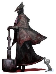 Rule 34 | bloodborne, boots, cloak, coat, full body, gloves, hat, holding, holding weapon, hunter (bloodborne), male focus, mask, monster, mouth mask, sakamoto mineji, simple background, standing, weapon, white background