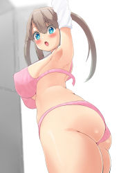 Rule 34 | 1girl, absurdres, armpits, arms up, ass, ass focus, bare back, bare hips, bare legs, bare shoulders, blue eyes, blush, bra, breasts, brown hair, highres, large breasts, lingerie, long hair, looking down, minori (senran kagura), panties, pink panties, senran kagura, sideboob, solo, surprised, thick thighs, thighs, twintails, underboob, underwear, undressing
