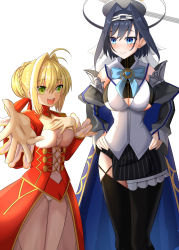 Rule 34 | 2girls, absurdres, ahoge, asymmetrical clothes, black gloves, black thighhighs, blonde hair, blue cape, blue hair, bow, bow earrings, braid, breasts, cape, chain, chain headband, cleavage cutout, clothing cutout, creator connection, detached sleeves, dress, earrings, epaulettes, fate/extra, fate (series), french braid, gloves, green eyes, hair bun, hair intakes, halo, head chain, headband, heart-shaped gem, highres, holocouncil, hololive, hololive english, jewelry, large breasts, mechanical halo, miniskirt, multiple girls, nero claudius (fate), nero claudius (fate) (all), nero claudius (fate/extra), ouro kronii, red dress, ribbon earrings, sailor collar, shirt, short hair, single hair bun, skirt, sleeveless, sleeveless shirt, sweater, thighhighs, toy bits, trait connection, turtleneck, turtleneck sweater, underboob, underboob cutout, veil, virtual youtuber, zipper