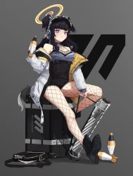 Rule 34 | 1girl, absurdres, ammunition, animal ears, black hair, blue archive, blush, boots, breasts, camisole, closed mouth, collar, crew-served weapon, dog ears, dog girl, dog tags, dog tail, fishnet legwear, fishnets, full body, goggles, goggles on head, hair bobbles, hair ornament, halo, hibiki (blue archive), highres, holding, jacket, kasasasagi, long hair, looking at viewer, medium breasts, mortar (weapon), multicolored clothes, multicolored jacket, purple collar, purple eyes, shell (projectile), short shorts, shorts, sitting, smile, solo, suitcase, tail, twintails