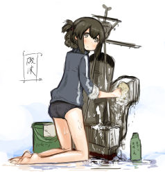 Rule 34 | 10s, 1girl, abe kanari, bare legs, barefoot, black eyes, black hair, bottle, bucket, buruma, character name, hair ornament, highres, isonami (kancolle), jacket, kantai collection, kneeling, long hair, open mouth, personification, sidelocks, sketch, sleeves rolled up, soap, soap bubbles, solo, sponge, track jacket, translation request, washing