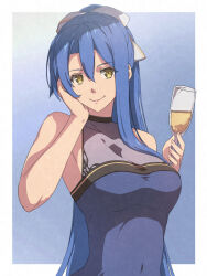 Rule 34 | 1girl, alcohol, blue background, blue hair, border, bow, bowtie, breasts, chiharu (9654784), cup, double-parted bangs, dress, drinking glass, eiyuu densetsu, hair between eyes, hair bow, highres, holding, holding cup, large breasts, laura s. arseid, long hair, medium breasts, sen no kiseki, simple background, smile, solo, two-tone background, white border, white bow, white bowtie, wine, wine glass, yellow eyes