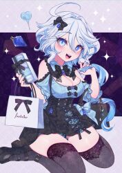 Rule 34 | 1girl, :d, ahoge, alternate breast size, artist name, bag, black bag, black bow, black dress, black footwear, black nails, black thighhighs, blue eyes, blue hair, blue nails, blue shirt, blush, bow, bowtie, box, breasts, candy, chromatic aberration, cleavage, cleavage cutout, clothing cutout, collared shirt, colored inner hair, commentary, dress, drop-shaped pupils, floral print, food, frilled shirt collar, frilled sleeves, frills, furina (genshin impact), genshin impact, grey background, hair between eyes, hair bow, hair ornament, hand in own hair, hands up, heart, heart-shaped lollipop, heart hair ornament, heterochromia, highres, holding, holding bag, holding box, holding food, jirai kei, lace bow, layered dress, lollipop, long hair, looking at viewer, macaron, mary janes, medium breasts, mismatched pupils, multicolored hair, multicolored nails, nail art, nail polish, off-shoulder shirt, off shoulder, open mouth, pinafore dress, print dress, purple background, rose print, shaped lollipop, shi jila, shirt, shoes, shopping bag, short sleeves, simple background, sitting, sleeveless, sleeveless dress, smile, solo, sparkle, symbol-shaped pupils, teeth, thighhighs, thighs, twitter username, two-tone background, two-tone hair, upper teeth only, very long hair, wariza, white hair
