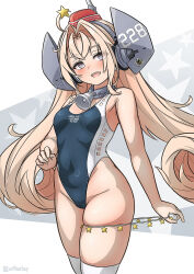 Rule 34 | 1girl, arthur ko, bell, black one-piece swimsuit, blonde hair, breasts, competition swimsuit, drum (kancolle), garrison cap, hair ornament, hat, headgear, highleg, highres, kantai collection, long hair, one-piece swimsuit, open mouth, parted bangs, small breasts, smile, solo, star (symbol), star hair ornament, swimsuit, thighs, very long hair