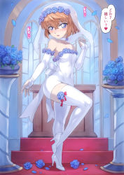 Rule 34 | 1girl, absurdres, backless dress, backless outfit, bare shoulders, blue eyes, bob cut, breasts, bridal gauntlets, bridal veil, brown hair, carpet, choker, collarbone, covered navel, dress, elbow gloves, flower, gloves, haibara ai, hand up, head wreath, high heels, highres, indoors, knee up, leg up, looking at viewer, looking to the side, meitantei conan, mogudan, open mouth, petals, red carpet, ribbon, short hair, small breasts, smile, solo, standing, standing on one leg, strapless, strapless dress, swept bangs, thighhighs, tight clothes, tight dress, veil, wedding dress, white choker, white dress, white footwear, white gloves, white ribbon, white thighhighs, window