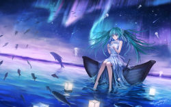 Rule 34 | 1girl, boat, dolphin, fish, flying fish, green hair, hatsune miku, highres, long hair, sitting, sky, soaking feet, solo, sombernight, star (sky), starry sky, vocaloid, water, watercraft
