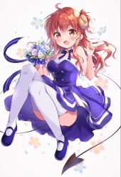 Rule 34 | 1girl, :d, amedamacon, blue dress, bouquet, breasts, curled horns, demon girl, demon horns, demon tail, dress, flower, full body, highres, holding, holding bouquet, horns, long hair, looking at viewer, machikado mazoku, medium breasts, open mouth, red eyes, red hair, sleeveless, sleeveless dress, smile, solo, tail, thighhighs, very long hair, white thighhighs, yoshida yuuko (machikado mazoku)