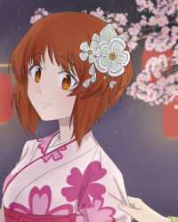 Rule 34 | 2girls, absurdres, brown eyes, brown hair, cherry blossoms, commentary, floral print kimono, flower, girls und panzer, hair flower, hair ornament, hand on another&#039;s arm, highres, itsumi erika, japanese clothes, kimono, lantern, looking at another, multiple girls, nekounko, night, night sky, nishizumi miho, paper lantern, pink kimono, short hair, sky, smile, symbol-only commentary