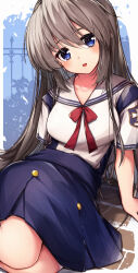 Rule 34 | 1girl, :d, arm support, blue background, blue eyes, blue skirt, blush, breasts, buttons, character name, clannad, collarbone, commentary request, day, dot nose, eyelashes, eyes visible through hair, falling petals, hair between eyes, head tilt, highres, large breasts, leaning back, light brown hair, long hair, looking at viewer, marutenmaruten, open mouth, outdoors, petals, red ribbon, ribbon, sailor collar, sakagami tomoyo, school uniform, shirt, short sleeves, sidelocks, simple background, sitting, skirt, smile, solo, straight hair, suspender skirt, suspenders, very long hair, white sailor collar, white shirt, yokozuwari