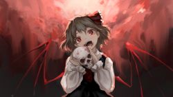 Rule 34 | 1girl, :d, abstract background, ascot, black skirt, black vest, blonde hair, blood, blood from mouth, bright pupils, demon wings, eyebrows hidden by hair, fangs, hair ribbon, head tilt, highres, holding, holding skull, long sleeves, looking at viewer, open mouth, puffy sleeves, red ascot, red background, red ribbon, ribbon, rumia, short hair, simple background, skirt, skull, slit pupils, smile, solo, teeth, touhou, upper body, vest, wb yimo, wings
