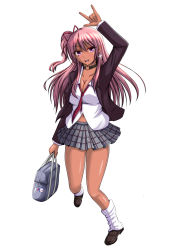Rule 34 | 1girl, :d, arm up, bag, black footwear, blazer, blush, bobby socks, breasts, cleavage, collar, full body, gyaru, hair between eyes, hair ribbon, highres, jacket, kogal, large breasts, loafers, long hair, long sleeves, looking at viewer, m/, miniskirt, \\n/, necktie, open clothes, open jacket, open mouth, original, pink eyes, plaid, plaid skirt, pleated skirt, purple hair, red necktie, red ribbon, ribbon, school uniform, shadow, shirt, shoes, side ponytail, simple background, skirt, smile, socks, solo, standing, taka (hiroa), white background, white shirt, white socks