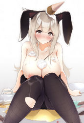 Rule 34 | 1girl, alcohol, animal ears, artist name, bare shoulders, beer, beer mug, black hairband, black leotard, black pantyhose, blonde hair, blush, breasts, brown eyes, collarbone, cup, dermar, drinking glass, embarrassed, fake animal ears, female focus, food, food on body, food on head, gradient background, hairband, highres, huge breasts, ice cream, ice cream cone, knees together feet apart, knees up, leotard, long hair, looking at viewer, mug, nipple slip, nipples, nose blush, object on head, original, pantyhose, parted lips, playboy bunny, pocky, puddle, rabbit ears, sidelocks, signature, simple background, sitting, solo, spill, strapless, strapless leotard, tears, textless version, torn clothes, torn pantyhose, tray, white background