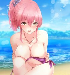 Rule 34 | 1girl, :o, bare arms, bare legs, bare shoulders, beach, bikini, blue sky, blush, breasts, breasts squeezed together, cleavage, cloud, covering privates, covering breasts, crossed arms, day, embarrassed, high ponytail, highres, idolmaster, idolmaster cinderella girls, jewelry, jougasaki mika, knee up, large breasts, light particles, mountain, mountainous horizon, necklace, ocean, open mouth, outdoors, pink hair, purple bikini, ryuu., sand, scrunchie, side-tie bikini bottom, side ponytail, sidelocks, sky, solo, sunlight, swimsuit, untied bikini, water, yellow eyes