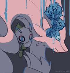 Rule 34 | blue eyes, blue flower, bright pupils, celebi, closed mouth, commentary request, creatures (company), dated, flower, game freak, gen 2 pokemon, gen 5 pokemon, grey background, leels, legendary pokemon, looking at viewer, mythical pokemon, nintendo, no humans, pokemon, pokemon (creature), reshiram, white pupils