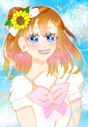 Rule 34 | 1girl, a song for you! you? you!, artist name, artist request, blue eyes, blue sky, blush, breasts, buttons, cloud, collarbone, day, female focus, floating hair, flower, hair between eyes, hair flower, hair ornament, kosaka honoka, leaf hair ornament, long hair, looking at viewer, love live!, love live! school idol festival, love live! school idol project, mocoa oekaki, neckerchief, orange hair, outdoors, parted lips, pink neckerchief, sailor collar, shirt, short ponytail, short sleeves, side ponytail, sky, small breasts, smile, solo, sunflower, teeth, upper body, white sailor collar, white shirt, yellow flower
