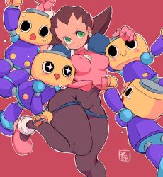 Rule 34 | + +, 1girl, 4boys, absurdres, arm up, arms up, artist name, black eyes, blue shorts, blush, blush stickers, bodystocking, breasts, brown hair, closed mouth, clothes lift, clothes pull, covered erect nipples, covered navel, drooling, earrings, forehead, from above, gloves, green eyes, hair slicked back, hairband, hand on another&#039;s head, hand up, happy, highres, humanoid robot, jewelry, knees together feet apart, lifting another&#039;s clothes, looking at another, looking at viewer, lying, medium breasts, mega man (series), mega man legends (series), micro shorts, multiple boys, necklace, on back, on stomach, open mouth, outline, pink footwear, pink gloves, pink hairband, pink shirt, puffy short sleeves, puffy sleeves, pulling another&#039;s clothes, red background, robot, servbot (mega man), shirt, shirt lift, shoes, short hair, short sleeves, shorts, shorts pull, signature, simple background, skull, skull earrings, skull necklace, smile, solo focus, starmilk, sweat, tears, thick thighs, thighs, tron bonne (mega man), white outline, wide hips