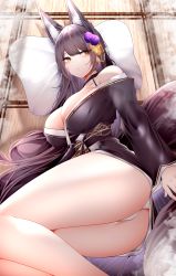Rule 34 | 1girl, absurdres, animal ears, ass, azur lane, black dress, black hair, breasts, cleavage, closed mouth, commentary, dress, flower, hair flower, hair ornament, highres, large breasts, long hair, lying, musashi (azur lane), on side, panties, pillow, samip, solo, symbol-only commentary, tail, tatami, thighs, underwear, very long hair, white panties, wide sleeves, yellow eyes