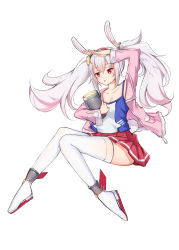 Rule 34 | 1girl, absurdres, animal ears, azur lane, bad id, bad pixiv id, blush, breasts, catnnn, commentary request, fake animal ears, hair between eyes, hair ornament, hairband, highres, jacket, laffey (azur lane), long hair, long sleeves, looking at viewer, pleated skirt, rabbit ears, red eyes, red hairband, red skirt, skirt, solo, thighhighs, twintails, white hair, white thighhighs