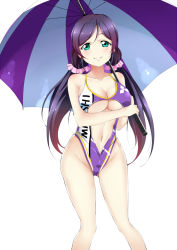 Rule 34 | 10s, 1girl, alternate costume, aqua eyes, blush, breasts, cleavage, clothes writing, clothing cutout, frills, groin, highleg, highleg leotard, highleg swimsuit, hip bones, holding, large breasts, leotard, light smile, logo, long hair, looking at viewer, love live!, love live! school idol project, low twintails, navel, navel cutout, one-piece swimsuit, over shoulder, parted bangs, purple hair, purple one-piece swimsuit, qiuzhi huiyi, race queen, scrunchie, simple background, smile, solo, standing, striped, swept bangs, swimsuit, tojo nozomi, twintails, umbrella, underboob, very long hair, white background