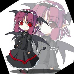 Rule 34 | 1girl, alternate costume, alternate hair length, alternate hairstyle, arm garter, balladia, bat wings, black dress, bow, buttons, chibi, cross, demon tail, dress, eyelashes, female focus, frills, hair between eyes, hair bow, hair ribbon, hairband, hand on own hip, head wings, koakuma, light smile, long sleeves, looking at viewer, no nose, pointy ears, red eyes, red hair, ribbon, shoes, short hair, simple background, solo, square, tail, tiptoes, touhou, vest, white background, wide sleeves, wings, zoom layer