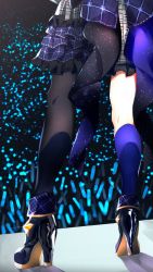 Rule 34 | 1girl, asymmetrical legwear, audience, black footwear, black thighhighs, blue skirt, blue socks, commentary request, concert, fine fabric emphasis, from behind, glowstick, grey shirt, hazuki yuzuru, high heels, hololive, hoshimachi suisei, hoshimachi suisei (1st costume), kneehighs, kneepits, legs, lens flare, lower body, mismatched legwear, out of frame, plaid, plaid shirt, plaid skirt, shadow, shirt, skirt, socks, stage, thighhighs, virtual youtuber