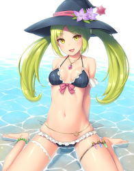 Rule 34 | 1girl, :d, barefoot, bikini, black bikini, blush, breasts, breasts apart, collarbone, commentary, day, flower, frilled bikini, frills, green hair, hat, hat flower, hexagram, jewelry, long hair, looking at viewer, medium breasts, navel, necklace, ocean, open mouth, original, outdoors, sasaame, shallow water, sidelocks, sitting, smile, solo, swimsuit, thigh strap, thighs, twintails, wariza, water, witch hat, yellow eyes