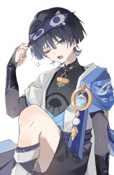 Rule 34 | 1boy, absurdres, animal ears, artist name, belt, black belt, black gloves, black hair, black shirt, black shorts, black socks, blue cape, blue eyes, blue gemstone, blunt ends, cape, cat ears, collarbone, fang, gem, genshin impact, gloves, gold trim, hair between eyes, highres, jewelry, leaf, leg warmers, looking at viewer, male focus, mandarin collar, mask, mask on head, one eye closed, open clothes, open mouth, open vest, pom pom (clothes), purple belt, ring, scaramouche (cat) (genshin impact), scaramouche (genshin impact), shirt, short hair, short sleeves, shorts, simple background, sitting, sleeveless, sleeveless shirt, socks, solo, suyi42478390, tears, teeth, tongue, vest, vision (genshin impact), wanderer (genshin impact), white background, white vest