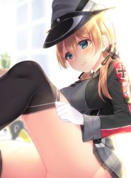 Rule 34 | 10s, 1girl, adjusting clothes, adjusting legwear, anchor hair ornament, bad id, bad twitter id, black skirt, black thighhighs, blonde hair, blue eyes, blurry, blush, breasts, closed mouth, cross, depth of field, dressing, failure penguin, gloves, hair between eyes, hair ornament, half-closed eyes, hat, highres, iron cross, kantai collection, large breasts, light rays, long sleeves, low twintails, microskirt, military, military hat, military uniform, miss cloud, navy (navy.blue), peaked cap, pleated skirt, prinz eugen (kancolle), sitting, skirt, smile, solo, sunlight, thighhighs, thighs, twintails, uniform, white gloves