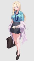 Rule 34 | 1girl, black footwear, black skirt, blonde hair, blue eyes, blue necktie, blue shirt, book, breasts, briefcase, cardigan, cleavage, commentary request, diagonal-striped clothes, diagonal-striped necktie, highres, holding, holding book, holding briefcase, large breasts, loafers, long hair, necktie, no socks, original, pink cardigan, poligon (046), school briefcase, shirt, shoes, short sleeves, signature, simple background, skirt, solo, standing, striped clothes, white background