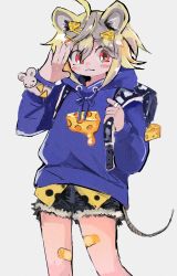 Rule 34 | 1girl, :&lt;, ahoge, animal ears, backpack, bag, bandaid, bandaid on leg, blonde hair, blush, bracelet, denim, denim shorts, food-themed clothes, food-themed hair ornament, hair ornament, hairclip, highres, hood, hood down, hoodie, jewelry, looking to the side, mouse ears, mouse girl, mouse tail, original, print hoodie, red eyes, ring, sahau228, salute, short hair, shorts, solo, tail