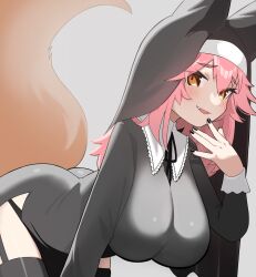 Rule 34 | 1girl, alternate costume, animal ears, ass, bent over, black nails, black panties, black thighhighs, breasts, brown eyes, commentary request, fate/extra, fate (series), fox ears, fox girl, fox tail, garter straps, grey background, habit, highres, large breasts, long hair, looking at viewer, nun, open mouth, panties, pink hair, simple background, smile, solo, tail, tamamo (fate), tamamo no mae (fate/extra), thighhighs, tsukimi okayu, underwear